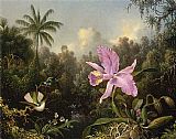 Martin Johnson Heade Canvas Paintings - Orchid and Two Hummingbirds